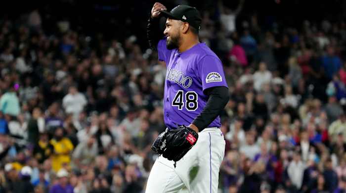 Jun 29, 2021; Denver, Colorado, USA; Colorado Rockies starting pitcher German Marquez (48) celebrates defeating the Pittsburgh Pirates at Coors Field.